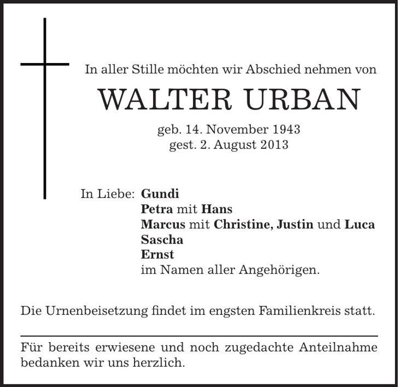 Traueranzeige Walter Urban