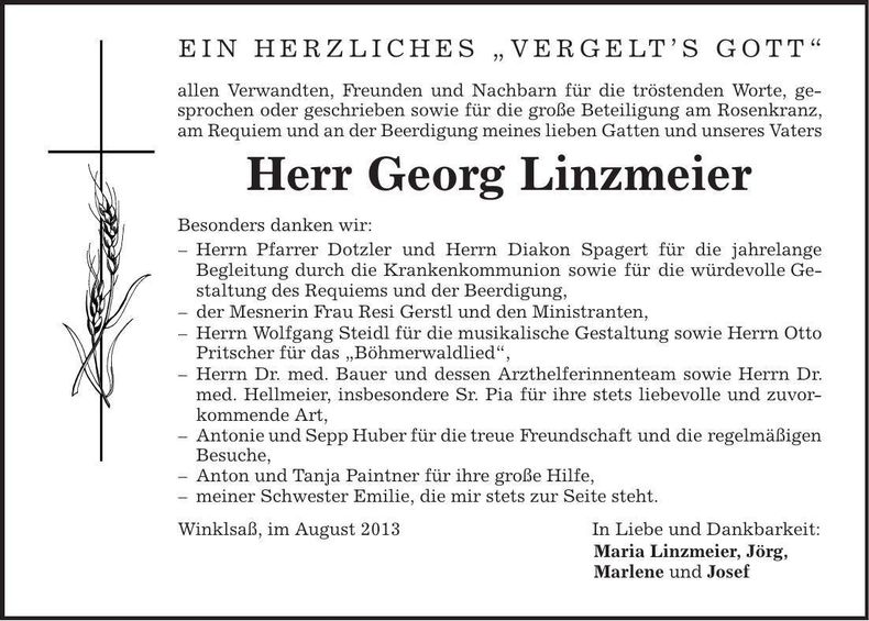 Traueranzeige Georg Linzmeier