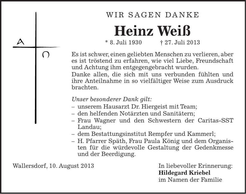 Traueranzeige Heinz Weiß