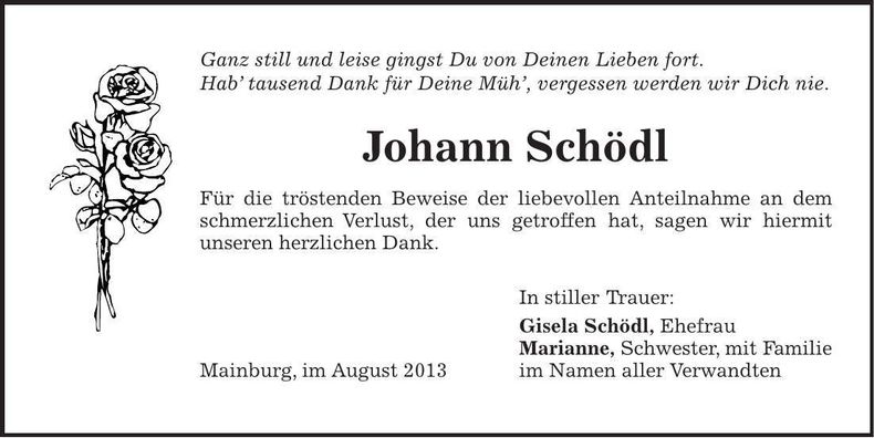 Traueranzeige Johann Schödl