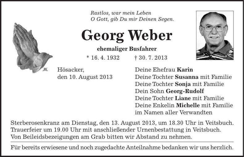 Traueranzeige Georg Weber