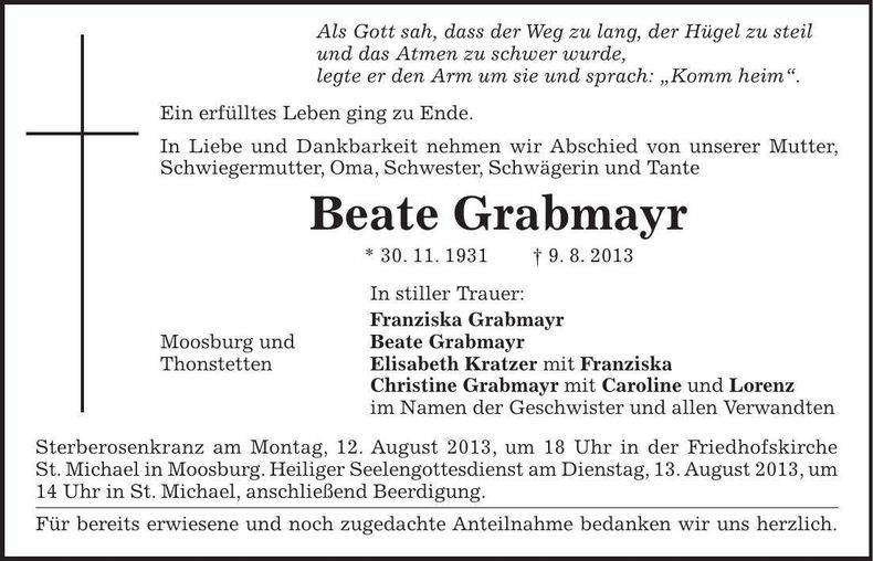 Traueranzeige Beate Grabmayr