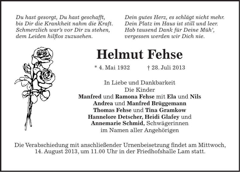 Traueranzeige Helmut Fehse