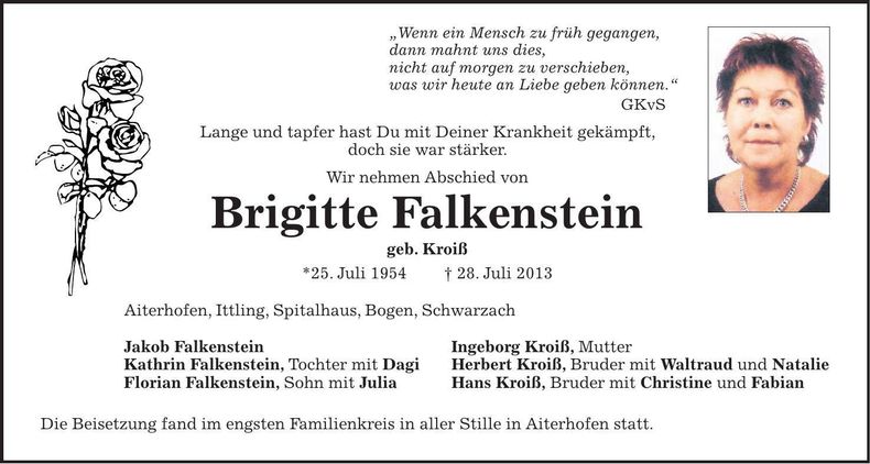 Traueranzeige Brigitte Falkenstein