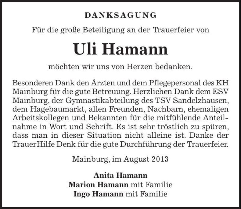 Traueranzeige Uli Hamann