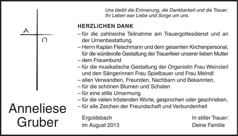 Traueranzeige Anneliese Gruber