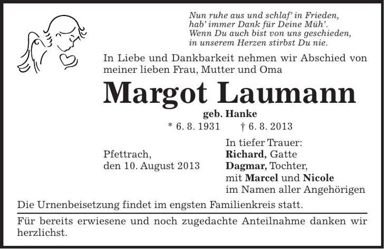 Traueranzeige Margot Laumann