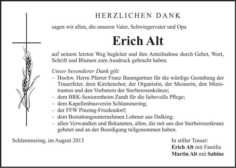 Traueranzeige Erich Alt