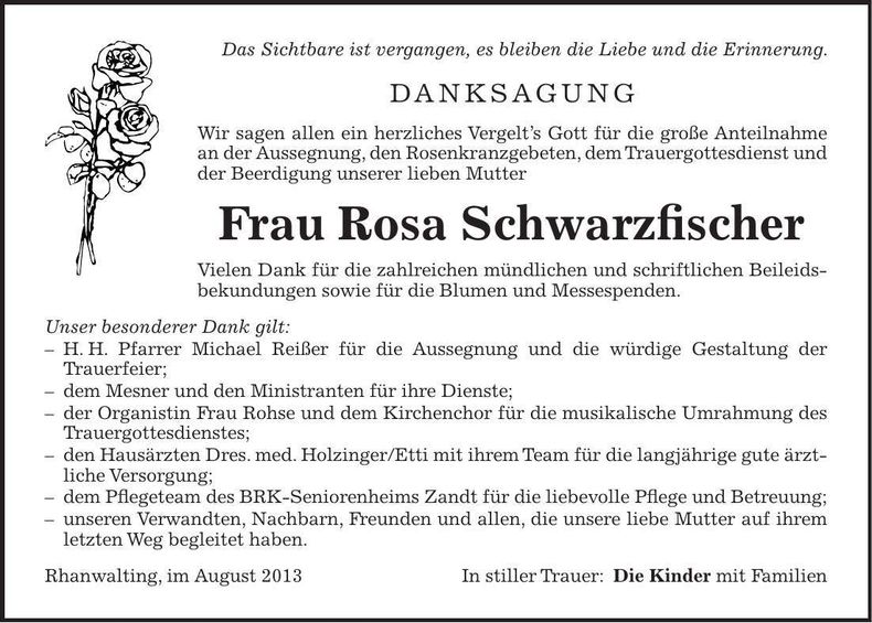 Traueranzeige Rosa Schwarzfischer