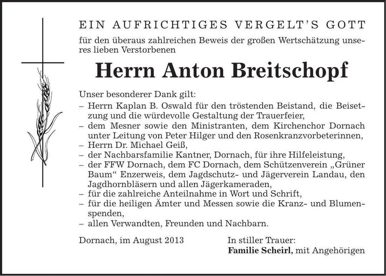 Traueranzeige Anton Breitschopf