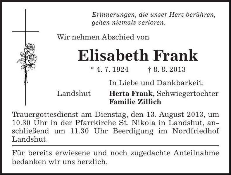 Traueranzeige Elisabeth Frank