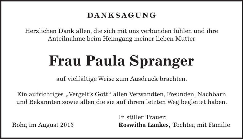Traueranzeige Paula Spranger