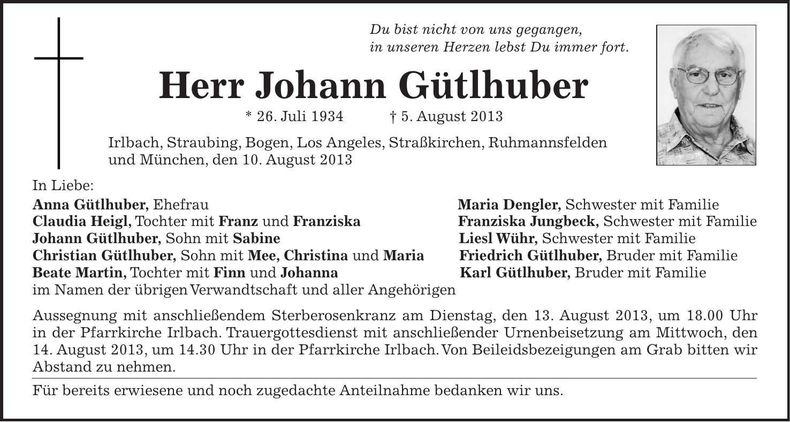 Traueranzeige Johann Gütlhuber