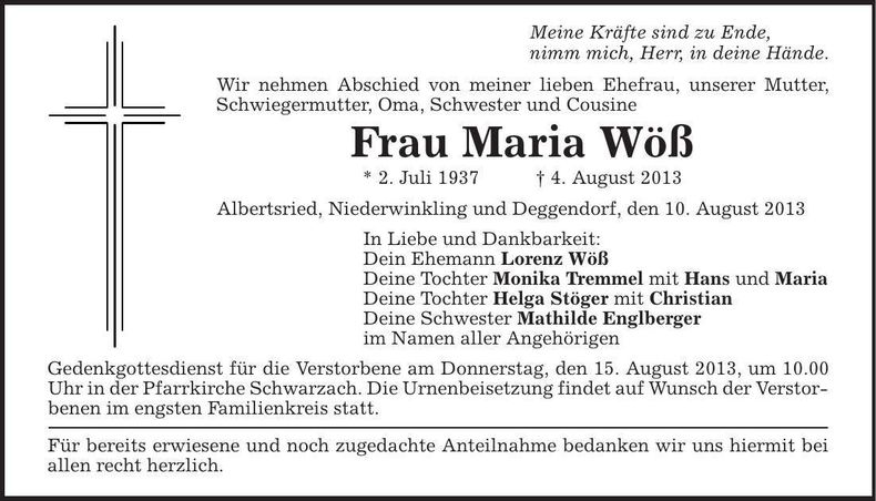 Traueranzeige Maria Wöß