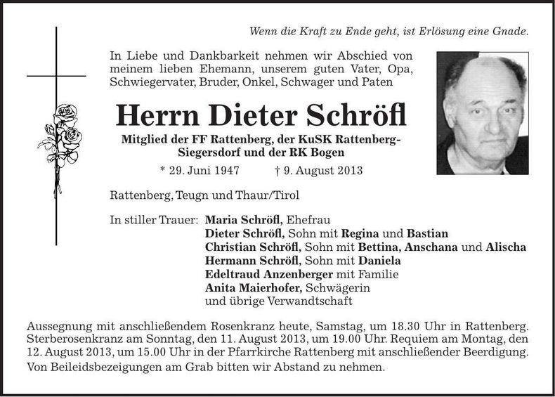 Traueranzeige Dieter Schröfl