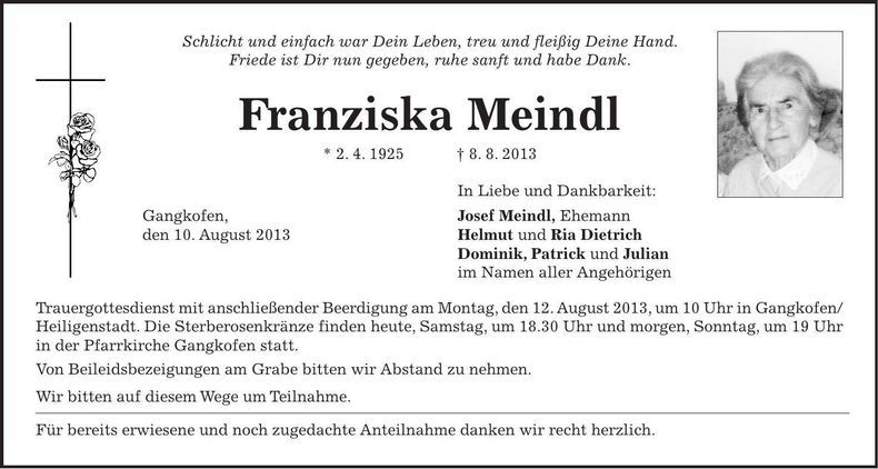 Traueranzeige Franziska Meindl