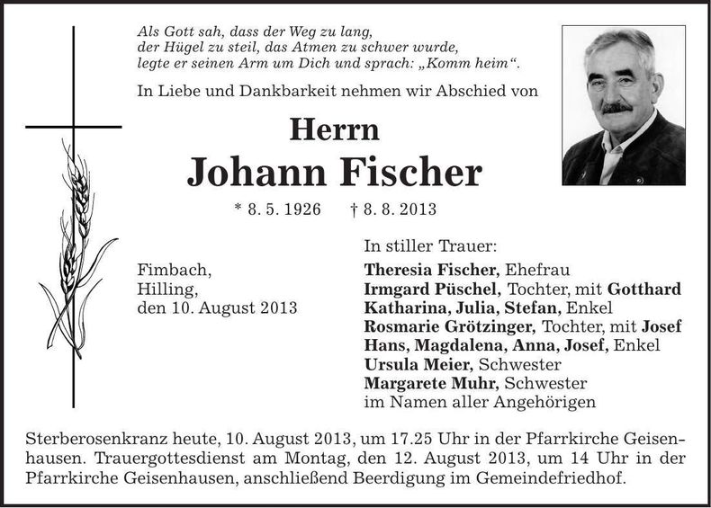 Traueranzeige Johann Fischer