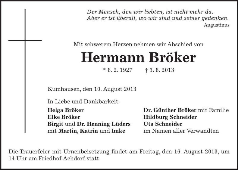 Traueranzeige Hermann Bröker