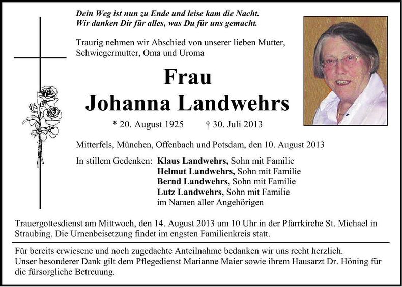 Traueranzeige Johanna Landwehrs