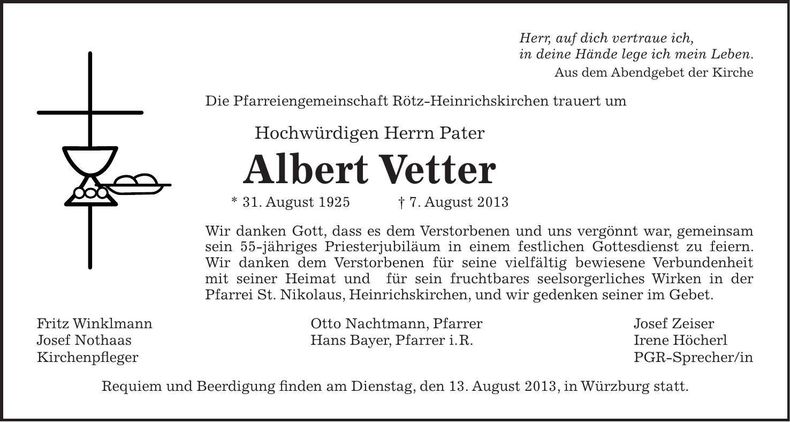 Traueranzeige Pater Albert Vetter