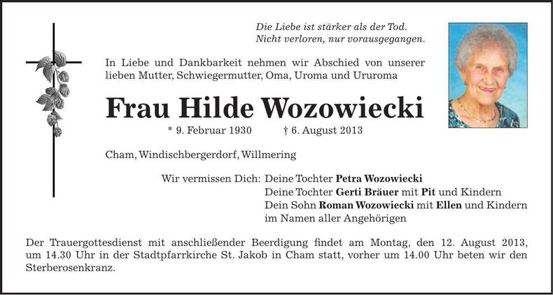 Traueranzeige Hilde Wozowiecki