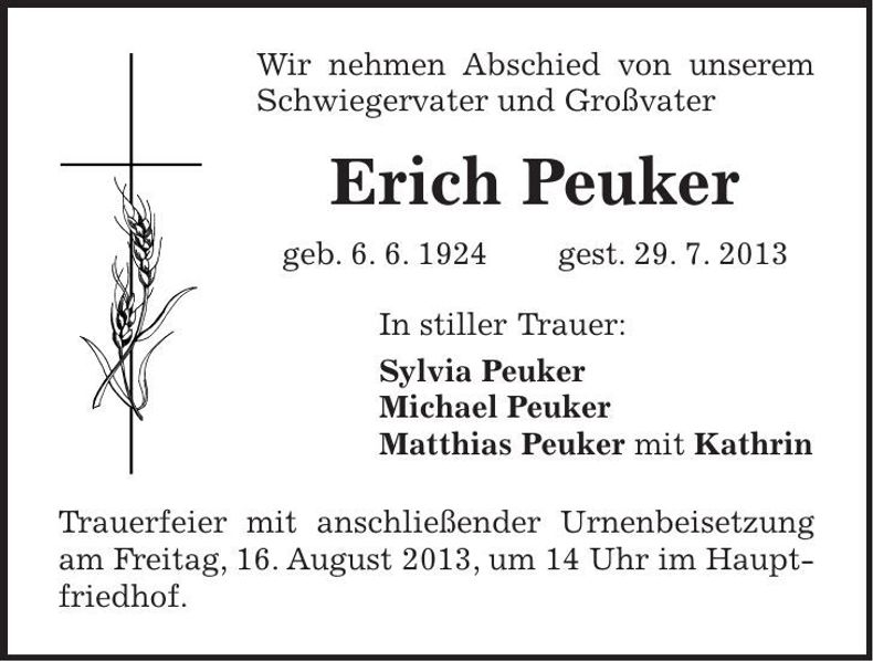 Traueranzeige Erich Peuker