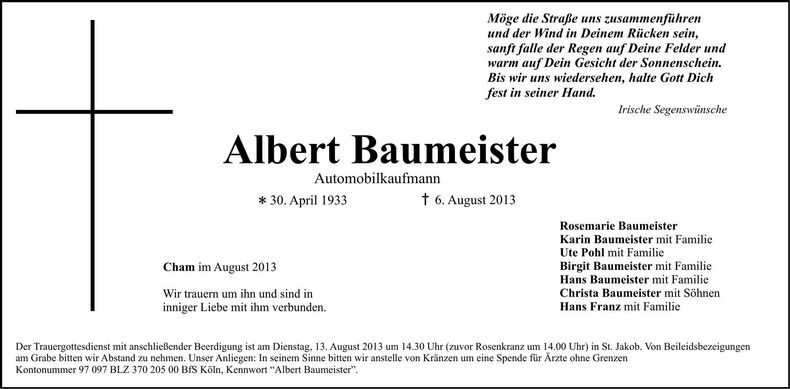 Traueranzeige Albert Baumeister