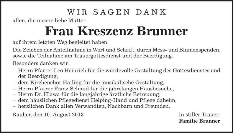 Traueranzeige Kreszenz Brunner