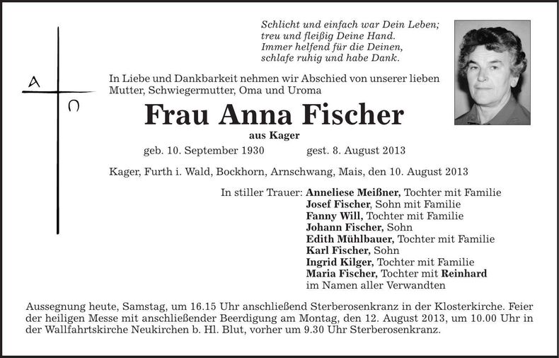 Traueranzeige Anna Fischer