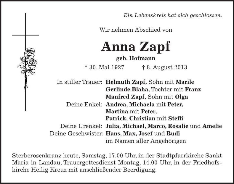 Traueranzeige Anna Zapf