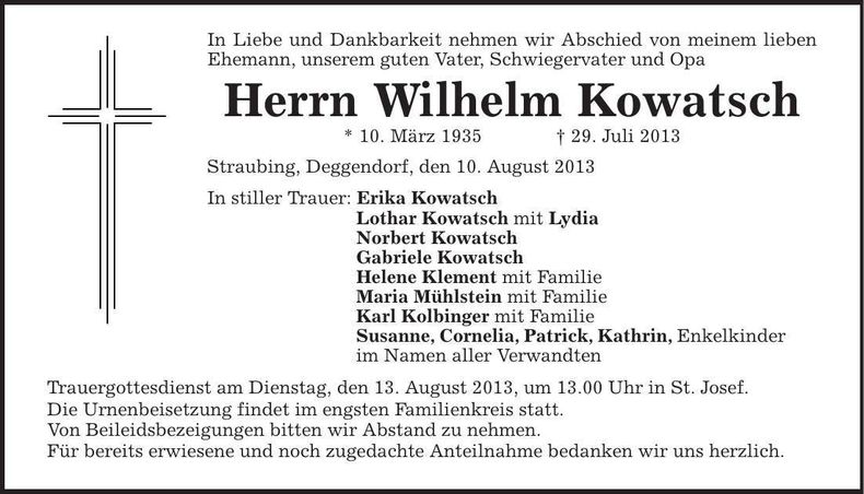 Traueranzeige Erika Kowatsch
