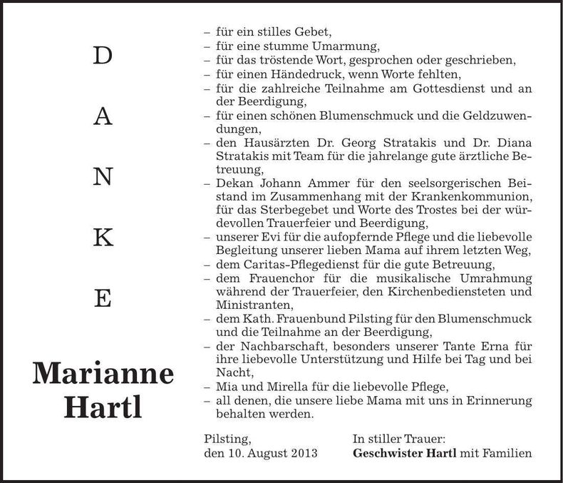 Traueranzeige Marianne Hartl
