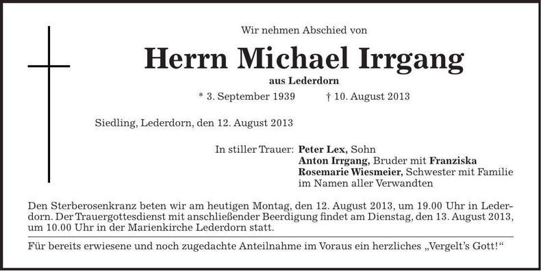 Traueranzeige Michael Irrgang