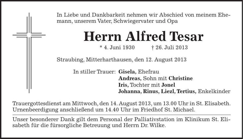 Traueranzeige Alfred Tesar