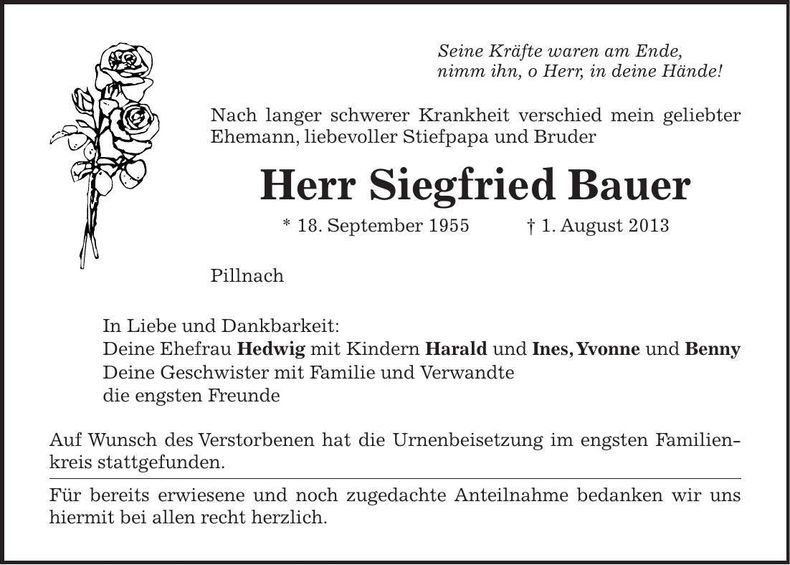 Traueranzeige Siegfried Bauer