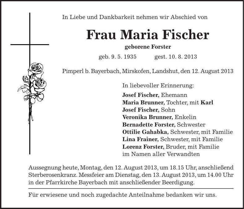 Traueranzeige Maria Fischer