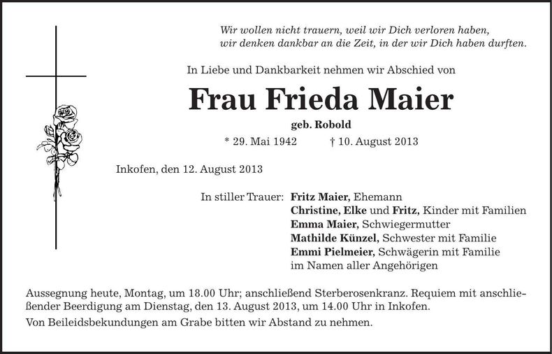 Traueranzeige Frieda Maier