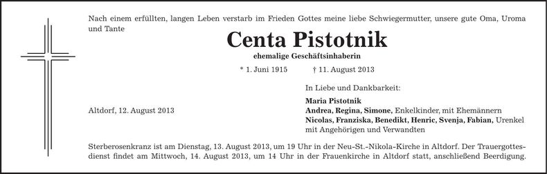 Traueranzeige Centa Pistotnik