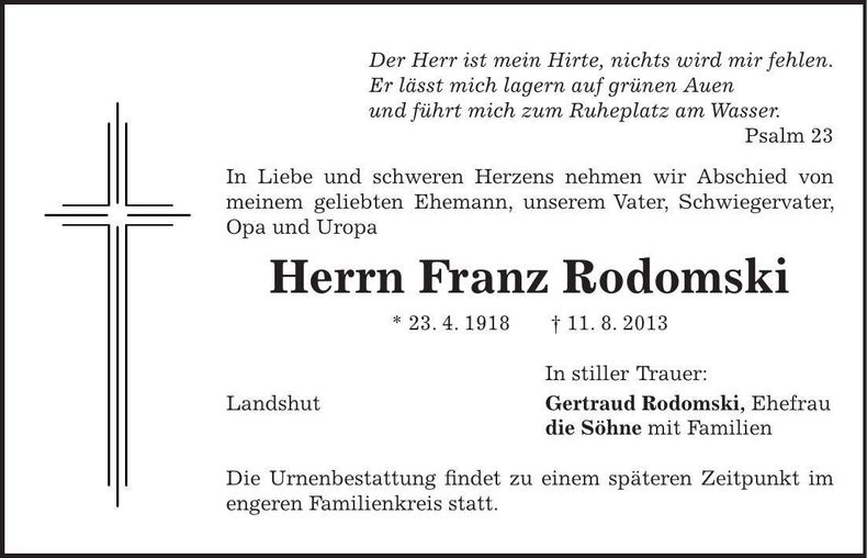 Traueranzeige Franz Rodomski
