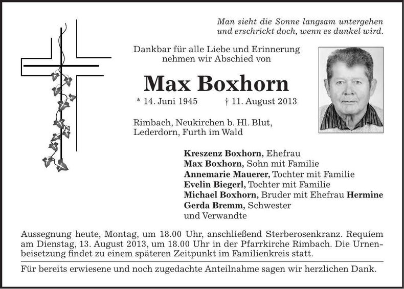 Traueranzeige Max Boxhorn