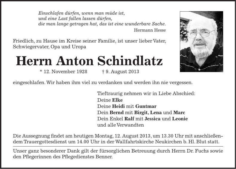 Traueranzeige Anton Schindlatz