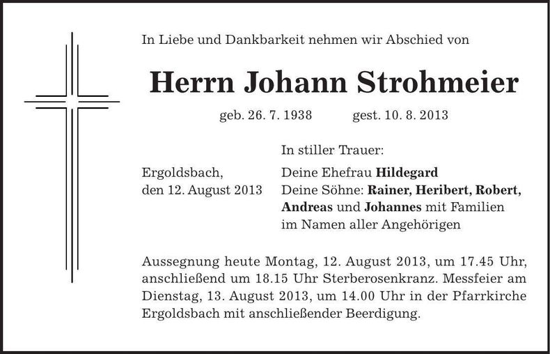 Traueranzeige Johann Strohmeier