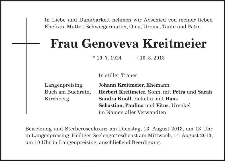 Traueranzeige Genoveva Kreitmeier