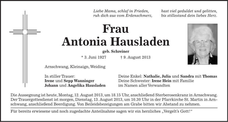 Traueranzeige Antonia Hausladen