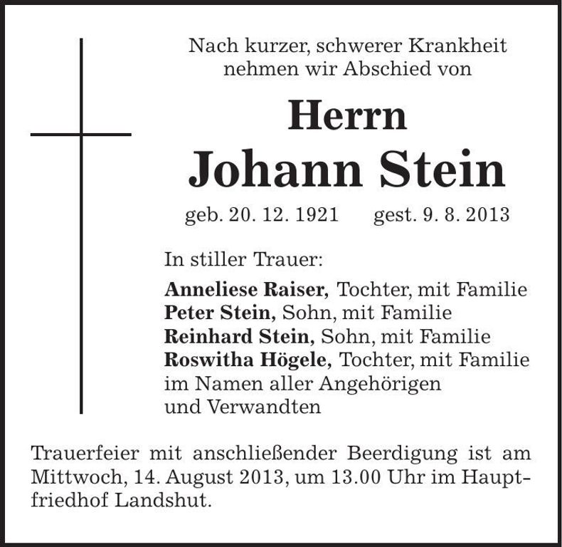 Traueranzeige Johann Stein