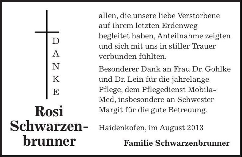 Traueranzeige Rosi Schwarzenbrunner