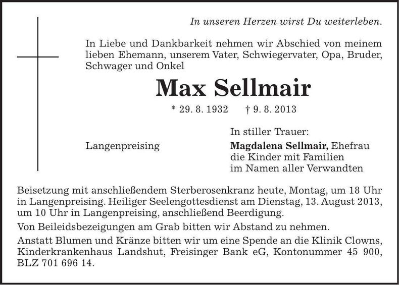 Traueranzeige Max Sellmair