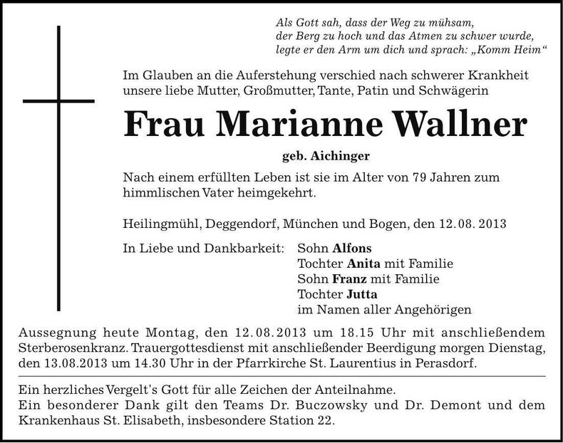 Traueranzeige Marianne Wallner