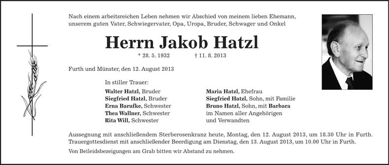 Traueranzeige Jakob Hatzl