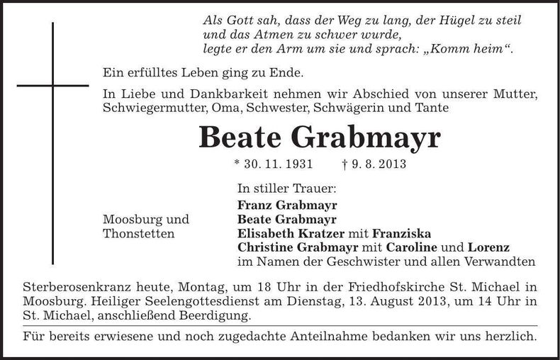 Traueranzeige Beate Grabmayr